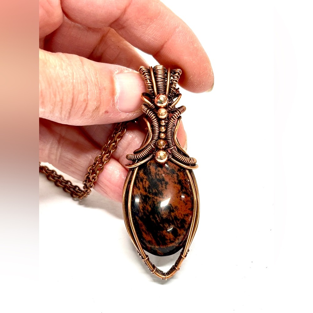 HAND CRAFTED Mahogany Obsidian Wire Wrapped Copper Statement Pendant Necklacr